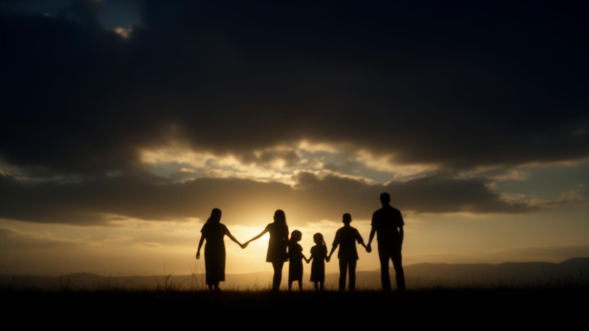 A family holding hands at sunrise